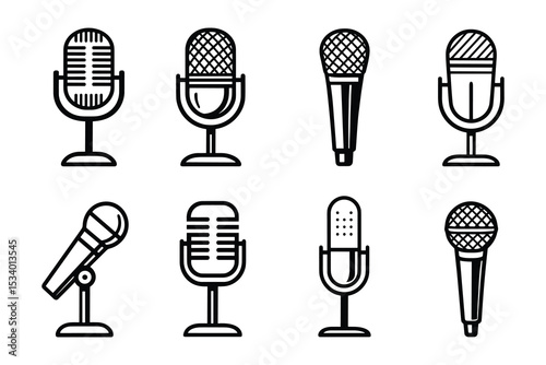 Variety of Microphone Icons Collection: Set of Artistic Line Art Representations for Audio Recording Needs and Multimedia Projects.