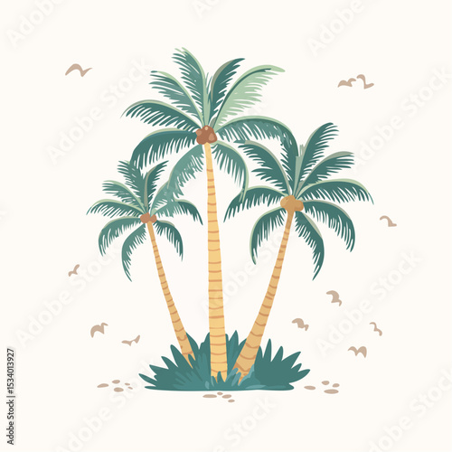Delightful vector illustration featuring three palm trees with lush green leaves and coconuts, set against a light beige background with birds.