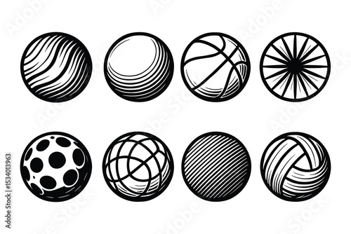 Sporting Spheres: An Assortment of Black and White Ball Icons Depicting Various Sports Equipment Types in Detailed Line Art