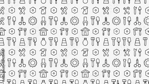 Seamless pattern with hand drawn tools featuring a variety of equipment and construction elements design