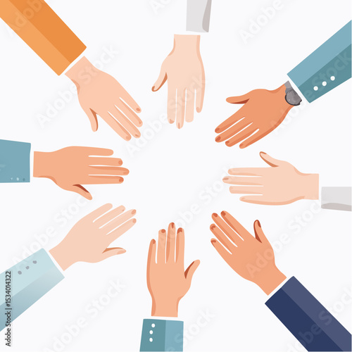 Illustration of diverse hands reaching towards the center, representing unity, teamwork, and cooperation in a collaborative environment