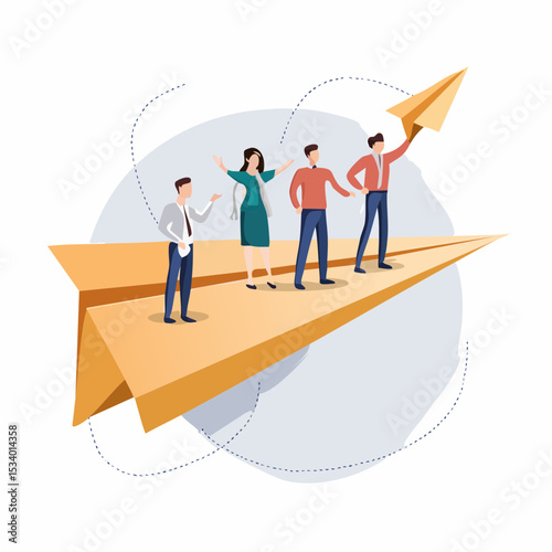 Illustration of a diverse team of people standing on a paper airplane, symbolizing teamwork, innovation, and business goals in a modern design.