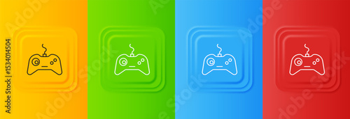 White Gamepad icon isolated on colorful background. Game controller. Set icons in square buttons. Vector