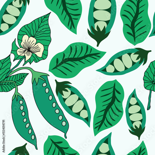 peas inside the pods with green leaves hand drawn seamless pattern. Green peas with green leaves and green peas pods with white flowers on white background seamless pattern.