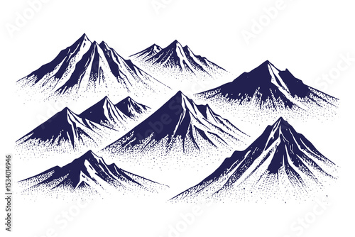 Spectacular Mountain Peaks Hand Drawn Illustration Isolated on White. Detailed Engraving Style, Nature Landscape Range. Outdoors Mountain Tops Set.