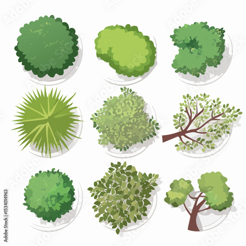 Overhead view of various green trees and bushes illustrations, perfect for landscaping, gardening, and architectural design projects.