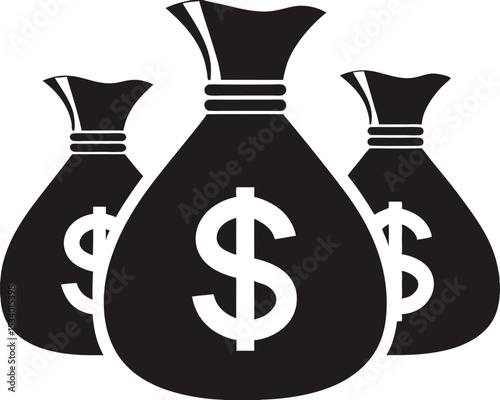 Black money bag icon with currency symbols and finance elements