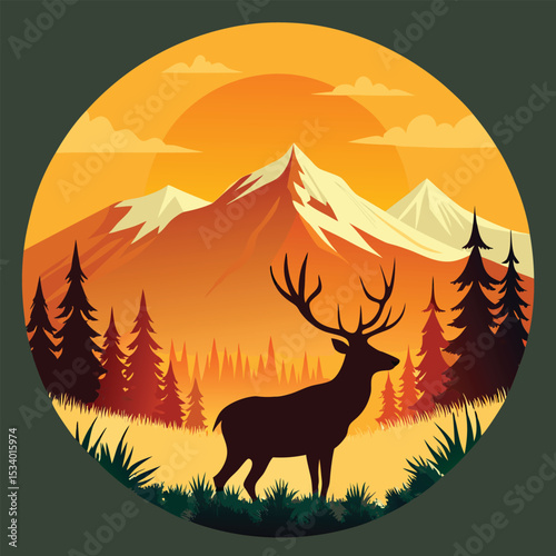 Deer Silhouette in Sunset Mountain Landscape, Vector Art

