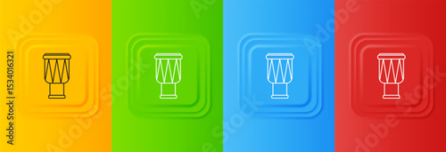 White Drum icon isolated on colorful background. Music sign. Musical instrument symbol. Set icons in square buttons. Vector