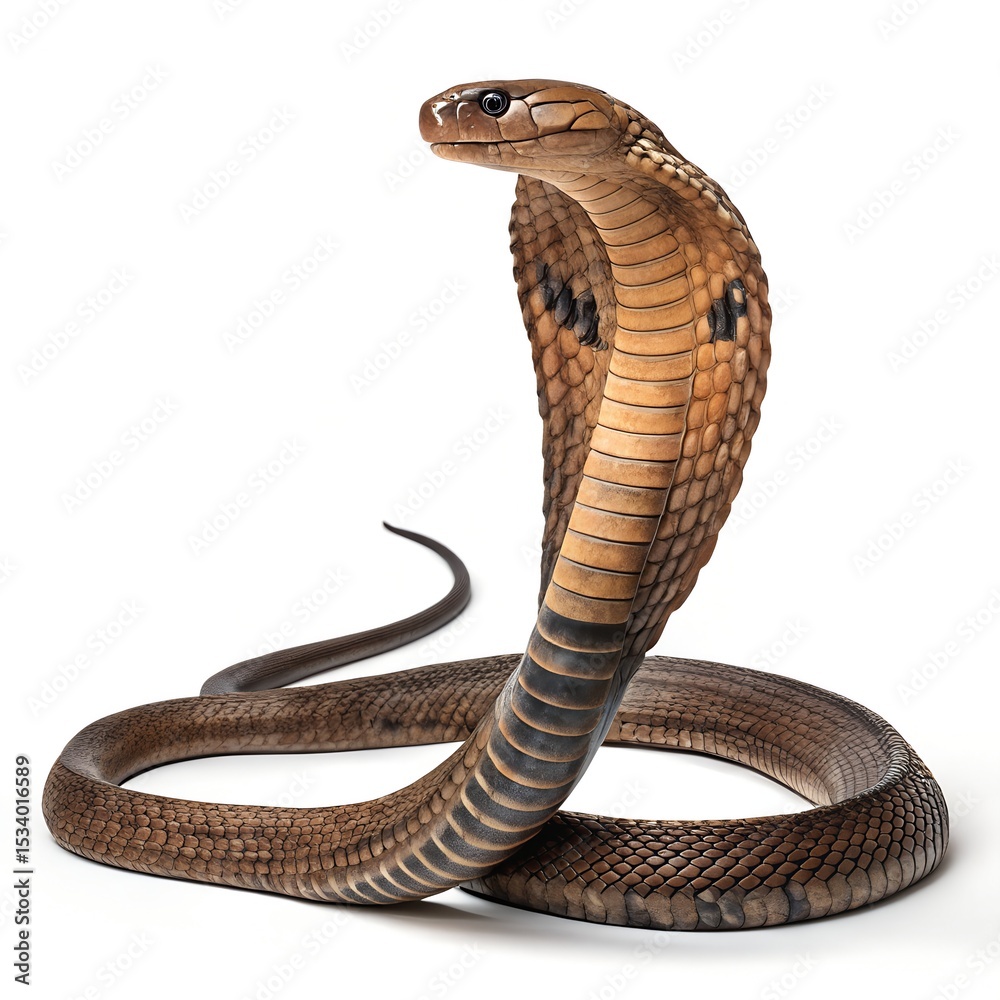 Fototapeta premium Egyptian Cobra – Hood Expanded, Regal Pose on Pure White Background