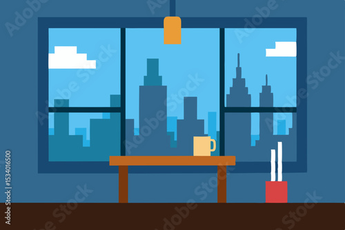 Cityscape View from Office Window Desk with Coffee Mug and Pencils