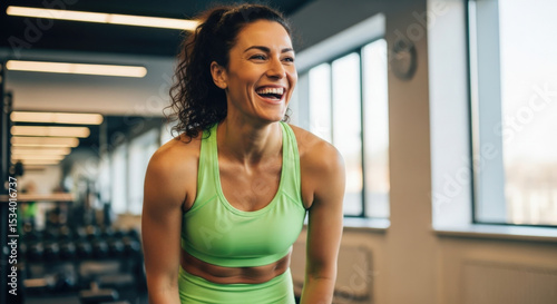 Happy athletic mid-age woman in sportswear laughing after fitness training at the gym. Candid moment of joy and satisfaction from exercise. Healthy active lifestyle concept.