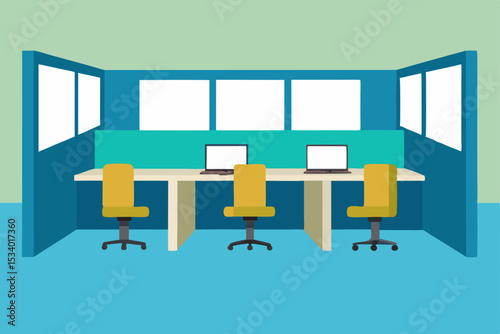 Modern Office Design Collaborative Workspace with Individual Cubicles and Laptops