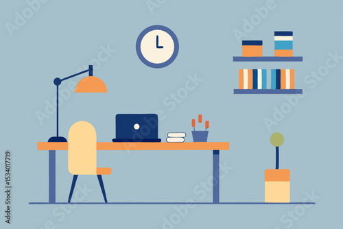Flat design vector illustration of a businessman working on a laptop at his office desk with a lamp and chair