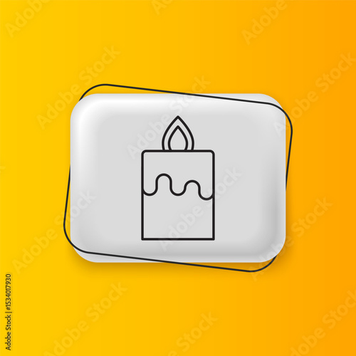 Black Burning candle icon isolated on yellow background. Cylindrical aromatic candle stick with burning flame. Happy Halloween party. Silver rectangle button. Vector