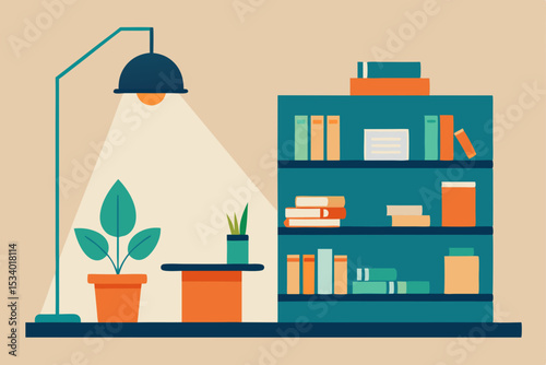 Modern room interior design featuring a wooden bookshelf filled with books, a vector illustration for a cozy home library