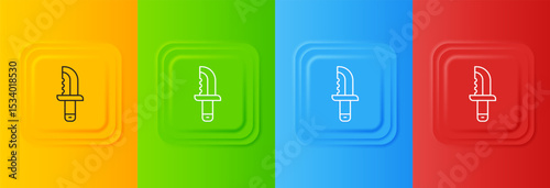 White Military knife icon isolated on colorful background. Set icons in square buttons. Vector