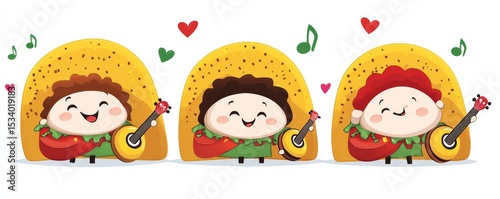 Cute Cartoon Taco Musicians with Ukulele, Food, Musical , Illustration