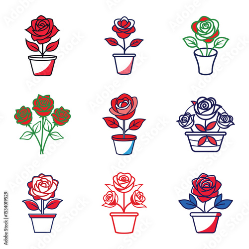 Set of rose flowers in pot vector illustration on white background.