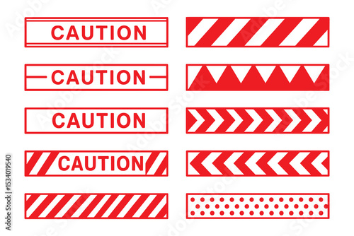 Collection of Red and White Caution Warning Signs, Striped, Triangles, Zigzag Patterns, Danger and Safety, Isolated on White