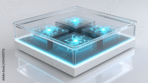 Futuristic glass box with glowing blue neural network pattern, modern technology concept, clean minimal design, innovation and science inspiration