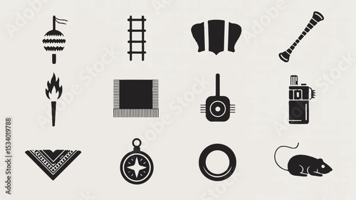 Collection of diverse simple icon silhouettes representing essential elements and symbolic concepts for various design purposes.