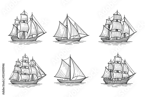 Collection of Nautical Vessels: Detailed Outlines of Sailing Ships and Clippers on White Background, Vector Art