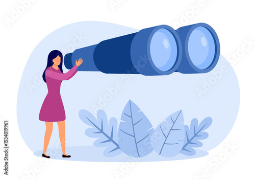Woman holding huge binoculars and looking far ahead. Observation, discovery, future concept