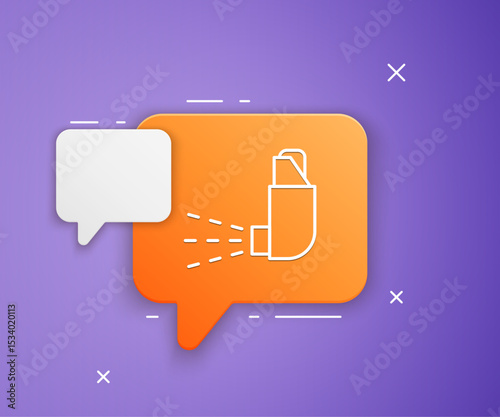 White Inhaler icon isolated on purple background. Breather for cough relief, inhalation, allergic patient. Medical allergy asthma inhaler spray. Orange speech bubble symbol. Vector