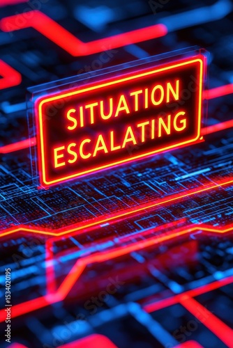 Global Tensions and Conflict Escalation with Emerging Threats Concepts. A glowing red neon sign displays 