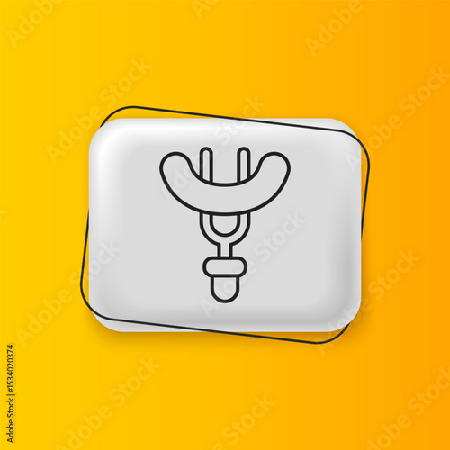 Black Sausage on the fork icon isolated on yellow background. Grilled sausage and aroma sign. Silver rectangle button. Vector