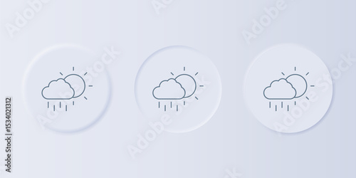 Grey Cloud with rain and sun icon isolated on grey background. Rain cloud precipitation with rain drops. Set icons in square buttons. Vector