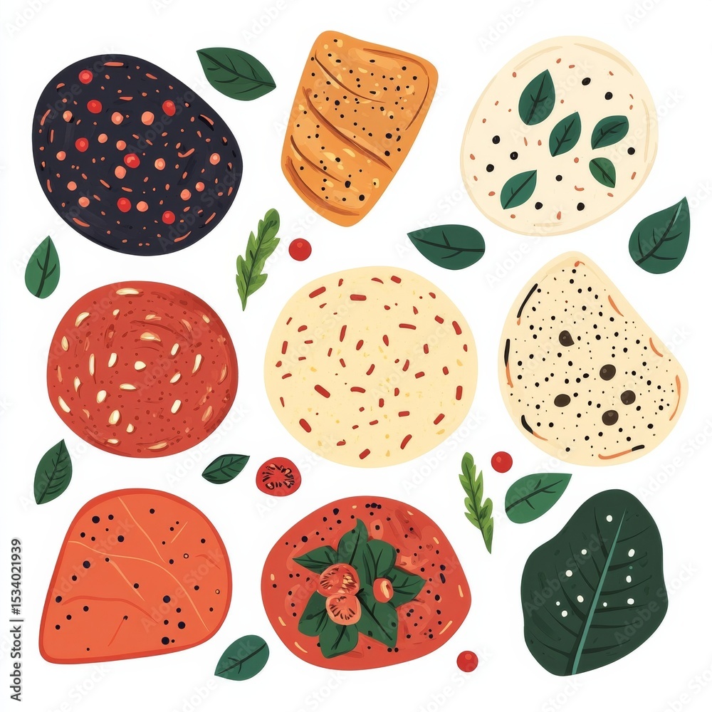 Fototapeta premium Flatbread Assortment with Herbs and Toppings, Food , Illustration