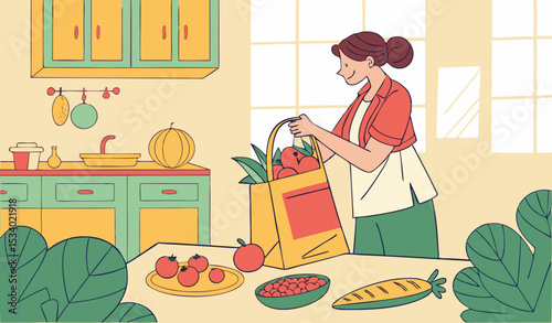 Woman unpacking groceries in kitchen at home    