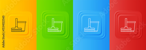 White Mop and bucket icon isolated on colorful background. Cleaning service concept. Set icons in square buttons. Vector