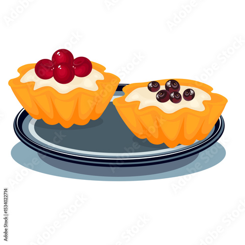 two tartlets with cherries and blueberries on a plate