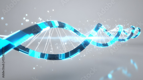 Glowing DNA strand spins in white space, symbolizing biotech innovation and scientific advancement. vibrant blue hues and dynamic motion evoke sense of futuristic technology