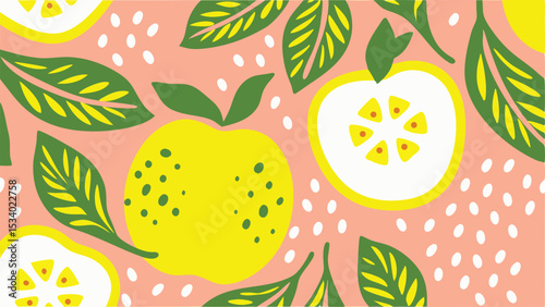 A vibrant pattern featuring yellow apples green leaves and white dots on a light pink background design art
