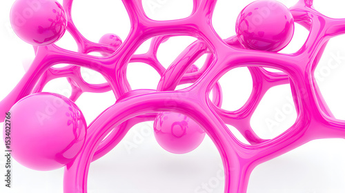Vibrant pink abstract structure with interconnected spheres and tubes creates dynamic and modern visual. glossy surface and organic shapes evoke sense of fluidity and innovation