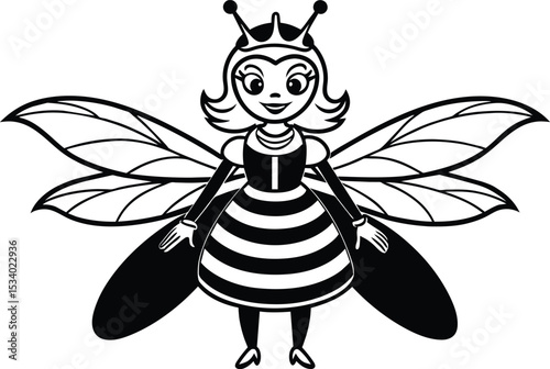A cute, funny cartoon bee happily flying near a yellow flower with its wings spread, smiling
