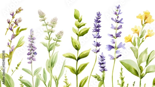 Botanical illustration of various wildflowers and herbs.