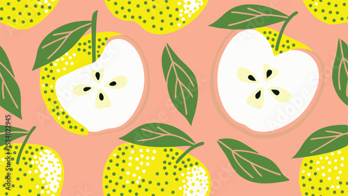 Seamless pattern featuring yellow dotted pears and pear halves with green leaves on pink ground