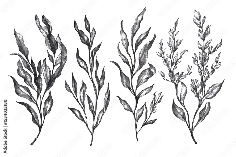 Naklejka premium Hand drawn illustration showcasing various seaweeds and algae, highlighting their intricate shapes and textures in a detailed artistic style