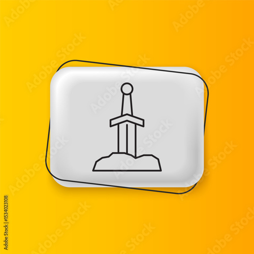 Black Sword in the stone icon isolated on yellow background. Excalibur the sword in the stone from the Arthurian legends. Silver rectangle button. Vector