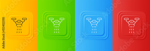 White Smart farm with drone control for seed planting icon isolated on colorful background. Innovation technology for agricultural company. Set icons in square buttons. Vector