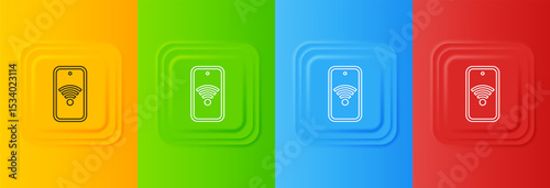 White Smartphone with free wi-fi wireless connection icon isolated on colorful background. Wireless technology, wi-fi connection, wireless network. Set icons in square buttons. Vector