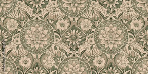 Intricate floral pattern in green and beige tones for elegant decor.
