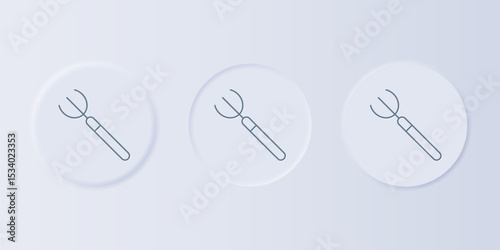 Grey Garden pitchfork icon isolated on grey background. Garden fork sign. Tool for horticulture, agriculture, farming. Set icons in square buttons. Vector