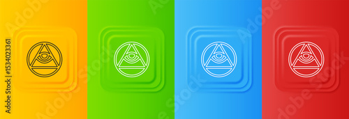 White Masons symbol All-seeing eye of God icon isolated on colorful background. The eye of Providence in the triangle. Set icons in square buttons. Vector