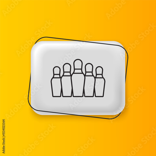 Black Bowling pin icon isolated on yellow background. Silver rectangle button. Vector